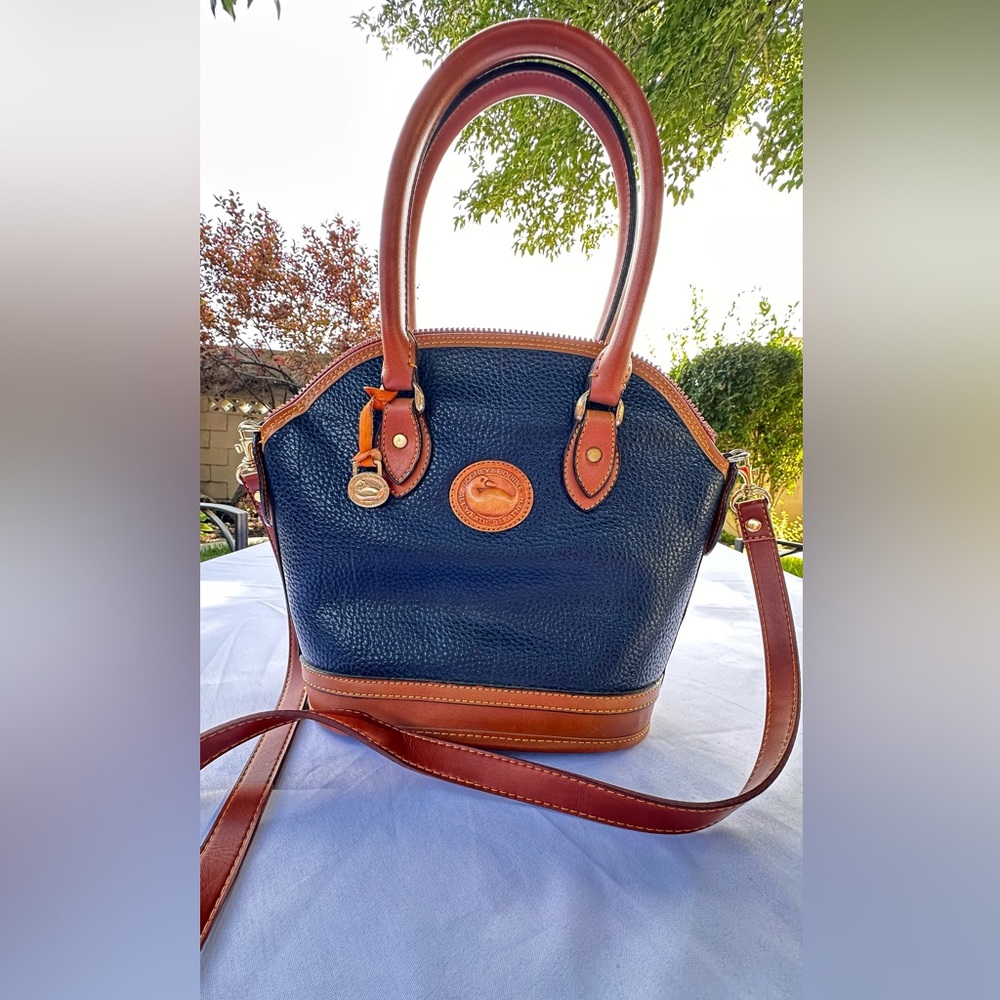 Vintage Dooney & Bourke Blue and Tan Shoulder Bag with Versatile Design